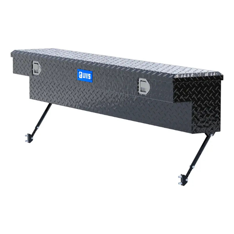 UWS 72" Truck Side Tool Box in Gloss Black, front three-quarter studio view, fitted with the black space-saving legs