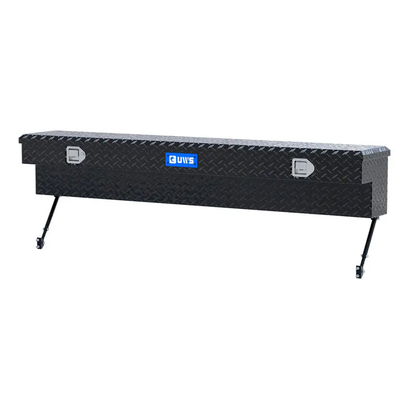 UWS 72" Truck Side Tool Box in Gloss Black, front three-quarter from the opposite side, fitted with the black space-saving legs