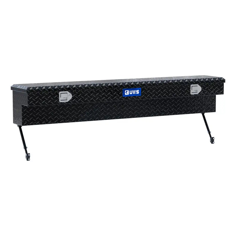 UWS 72" Truck Side Tool Box in Gloss Black, rear three-quarter view, fitted with the black space-saving legs