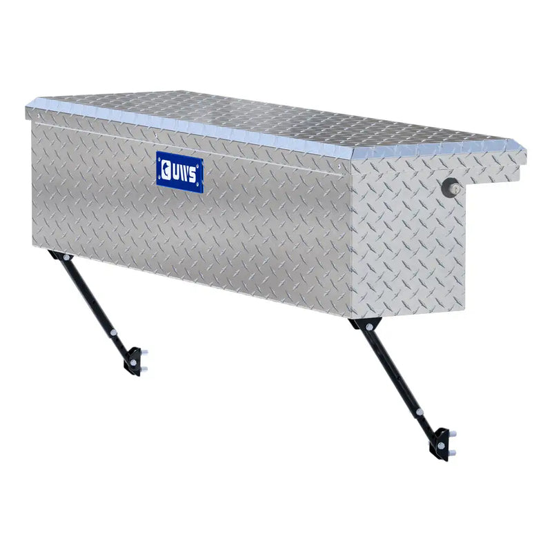 UWS 48" Truck Side Tool Box in Bright Aluminum, front three-quarter studio view, fitted with the black space-saving legs