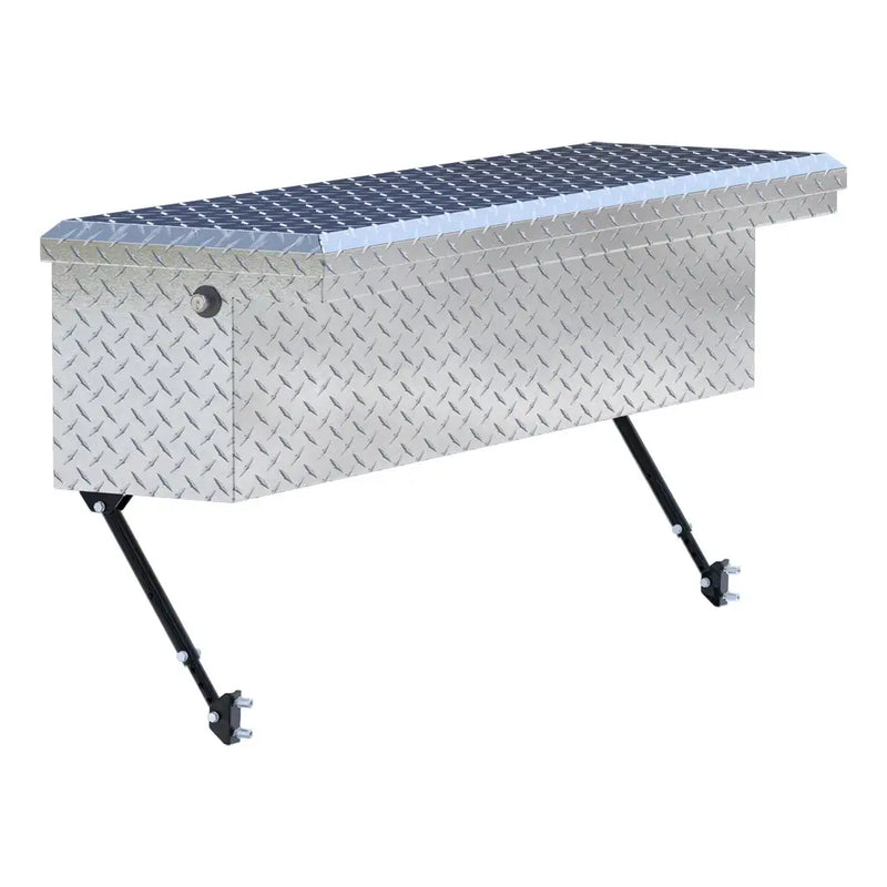 UWS 48" Truck Side Tool Box in Bright Aluminum, front three-quarter from the opposite side, fitted with the black space-saving legs