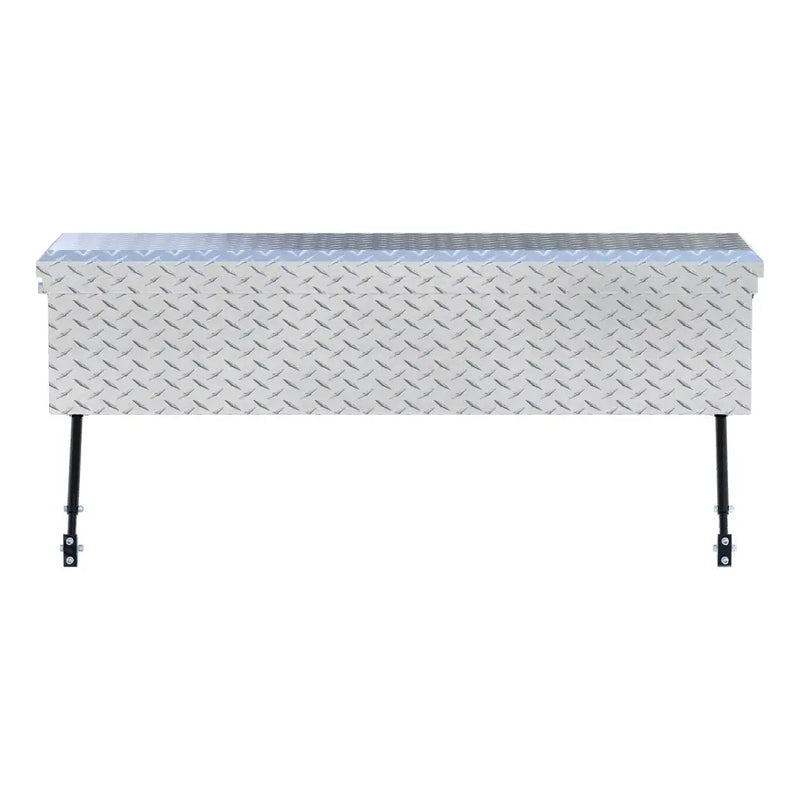 UWS 48" Truck Side Tool Box in Bright Aluminum, top-down three-quarter view of the closed lid, fitted with the black space-saving legs
