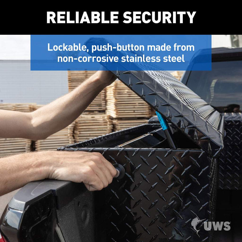 UWS 48" Truck Side Tool Box in Gloss Black, close-up of the lid hinge and latch hardware