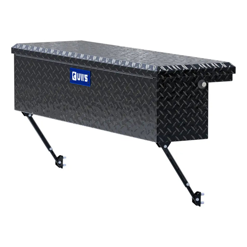 UWS 48" Truck Side Tool Box in Gloss Black, front three-quarter studio view, fitted with the black space-saving legs