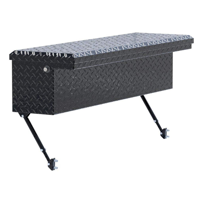 UWS 48" Truck Side Tool Box in Gloss Black, front three-quarter from the opposite side, fitted with the black space-saving legs