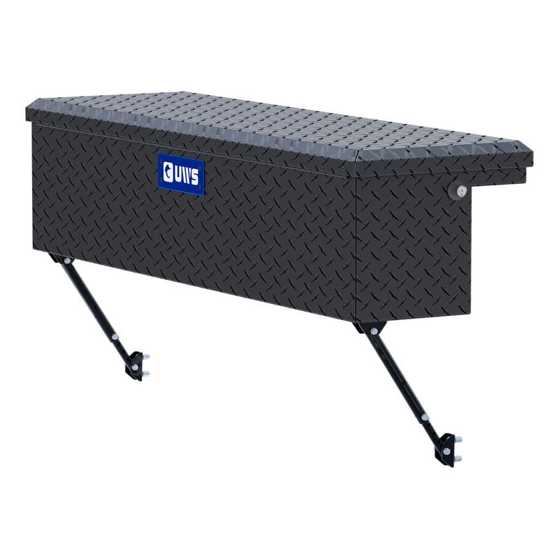 UWS 48" Truck Side Tool Box in Matte Black, front three-quarter studio view, fitted with the black space-saving legs