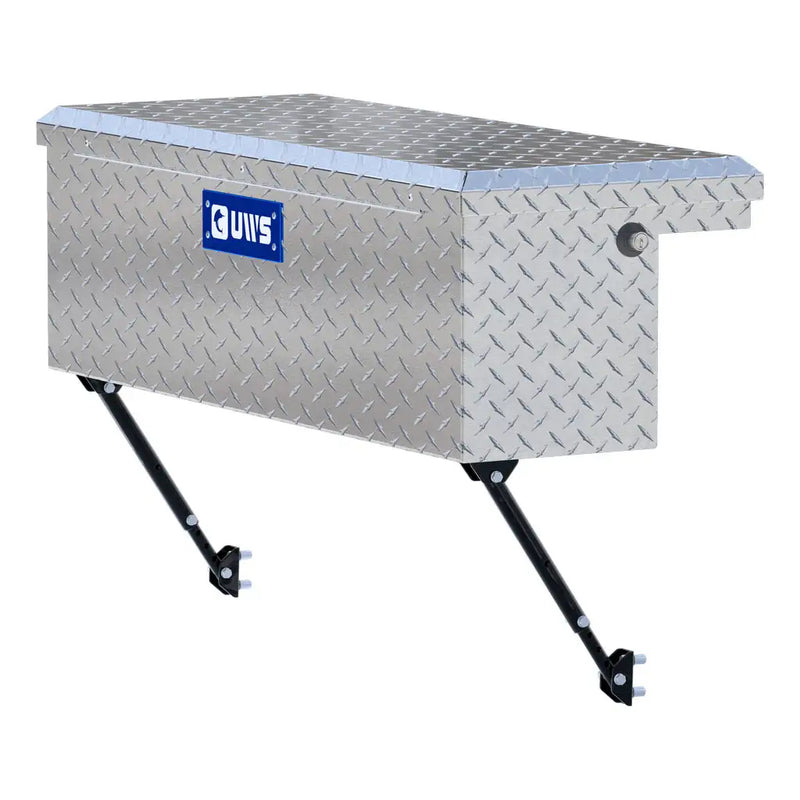 UWS 36" Truck Side Tool Box in Bright Aluminum, front three-quarter studio view, fitted with the black space-saving legs