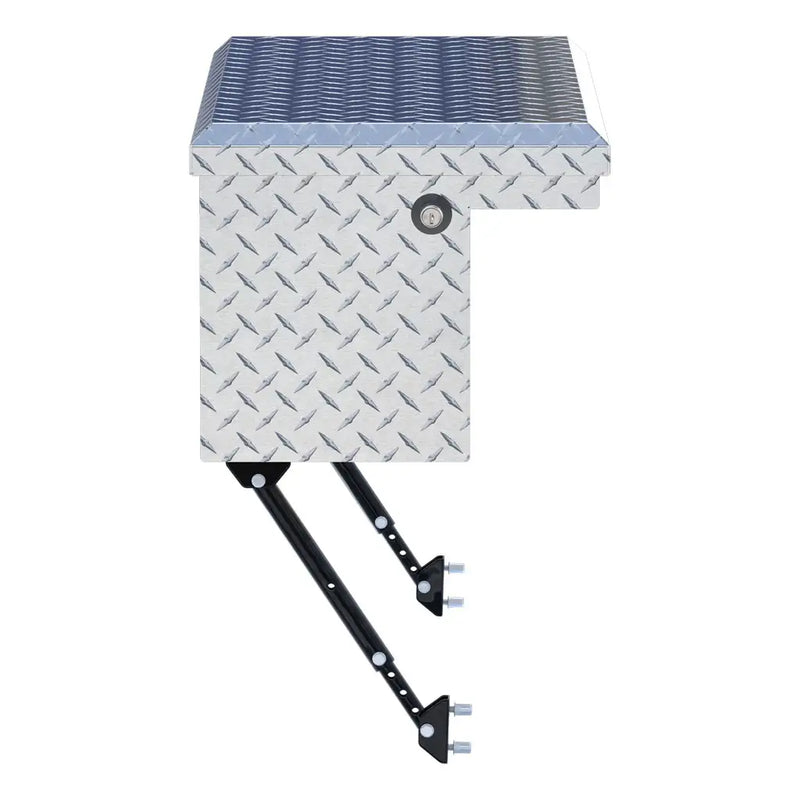 UWS 36" Truck Side Tool Box in Bright Aluminum, straight-on front elevation, fitted with the black space-saving legs