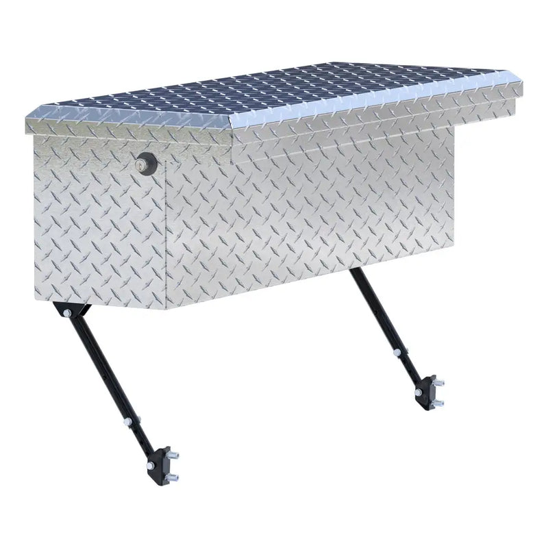 UWS 36" Truck Side Tool Box in Bright Aluminum, front three-quarter from the opposite side, fitted with the black space-saving legs