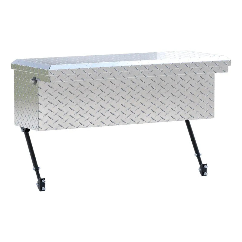 UWS 36" Truck Side Tool Box in Bright Aluminum, rear three-quarter view, fitted with the black space-saving legs