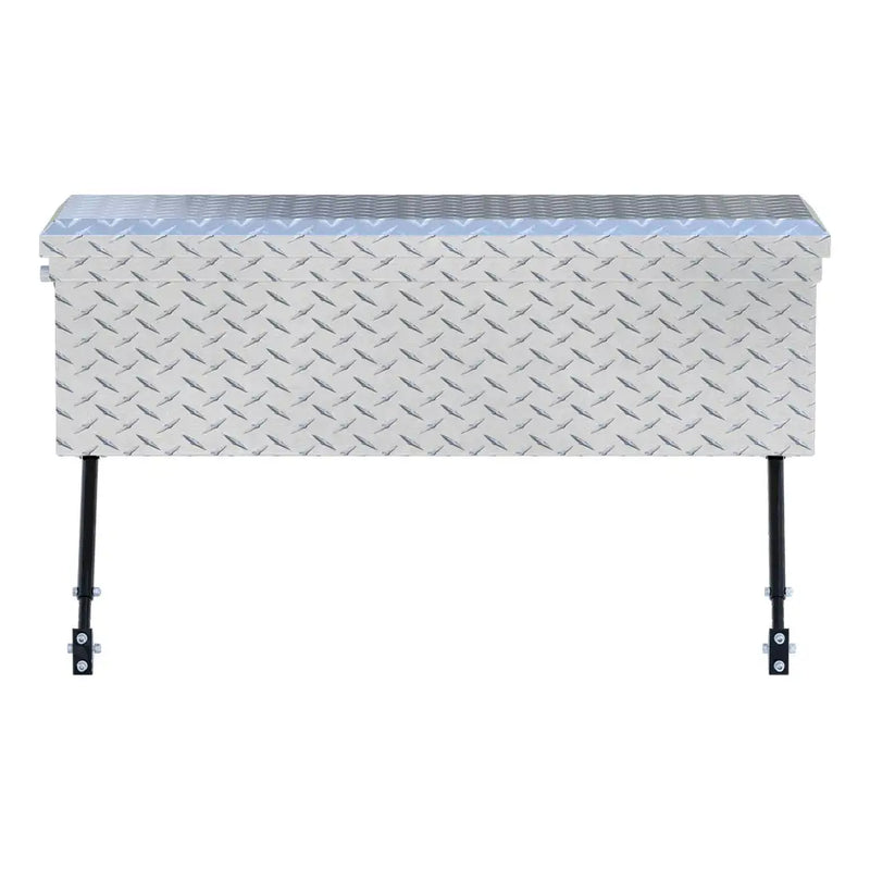 UWS 36" Truck Side Tool Box in Bright Aluminum, top-down three-quarter view of the closed lid, fitted with the black space-saving legs