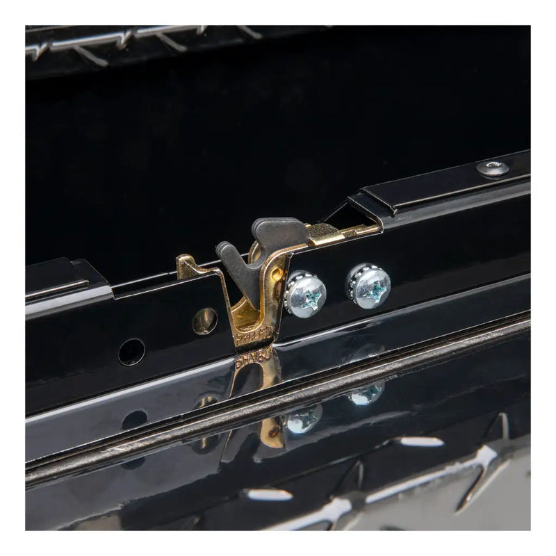 UWS 36" Truck Side Tool Box in Gloss Black, close-up of the latch with a padlock fitted
