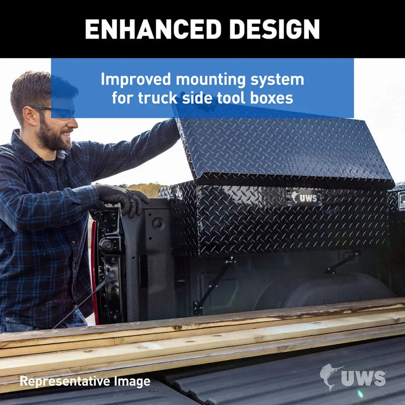 UWS 36" Truck Side Tool Box in Gloss Black, UWS "Enhanced Design" card describing the improved side-box mounting system