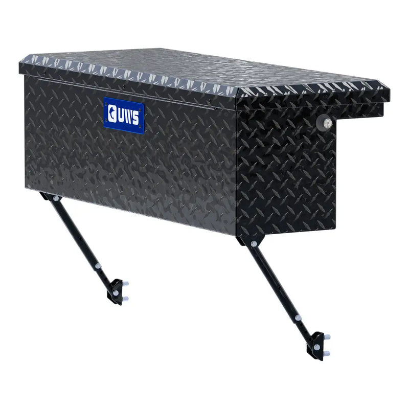 UWS 36" Truck Side Tool Box in Gloss Black, front three-quarter studio view, fitted with the black space-saving legs