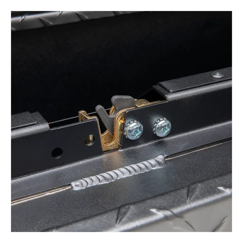 UWS 36" Truck Side Tool Box in Matte Black, close-up of the latch with a padlock fitted