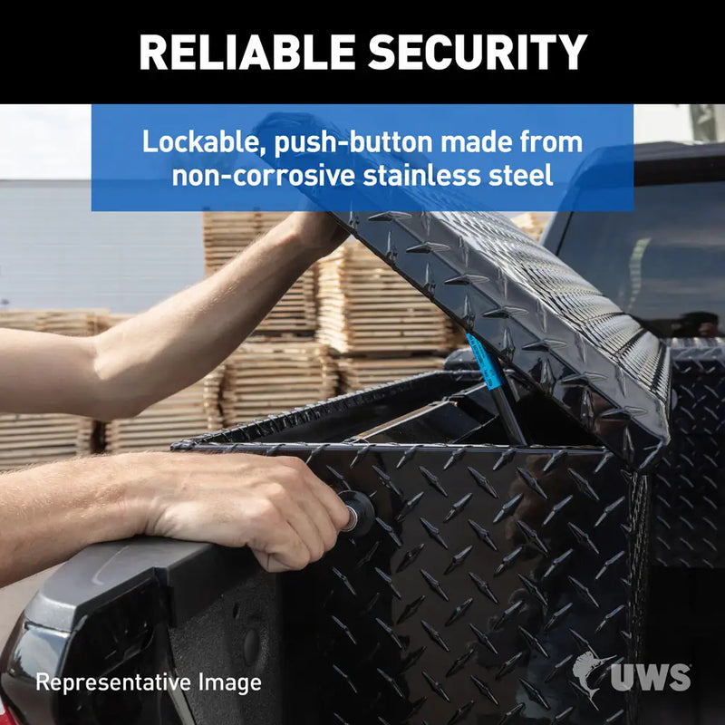 UWS 36" Truck Side Tool Box in Matte Black, close-up of the lid hinge and latch hardware