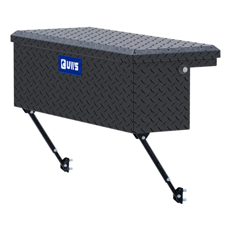 UWS 36" Truck Side Tool Box in Matte Black, front three-quarter studio view, fitted with the black space-saving legs