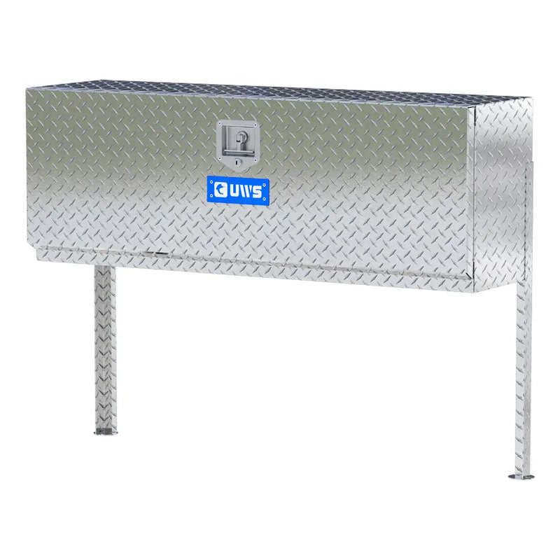 UWS 48" Topside Truck Tool Box in Bright Aluminum, front three-quarter from the opposite side