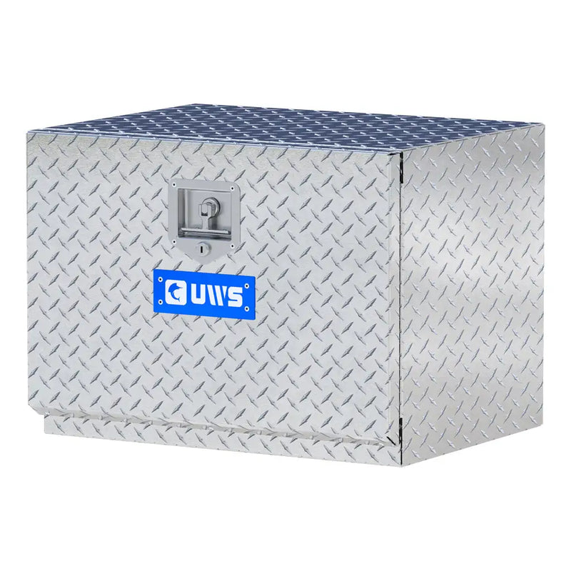 UWS 24" Underbody Tool Box in Bright Aluminum, front three-quarter from the opposite side