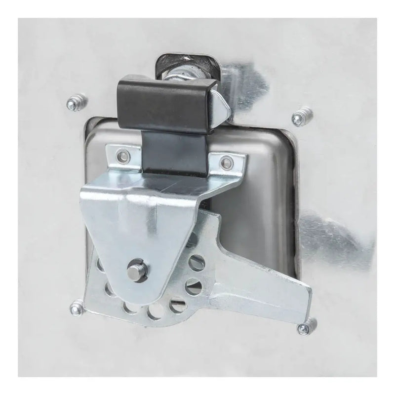 UWS 30" Underbody Tool Box in Bright Aluminum, close-up of the latch with a padlock fitted
