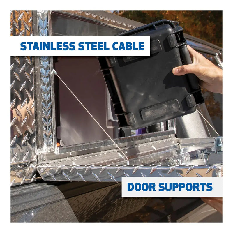 UWS 30" Underbody Tool Box in Bright Aluminum, UWS graphic calling out the stainless steel door support cables