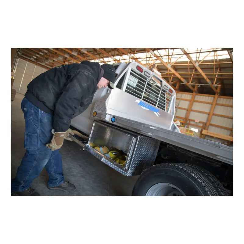 UWS 36" Underbody Tool Box in Bright Aluminum, in-use photograph on a working truck