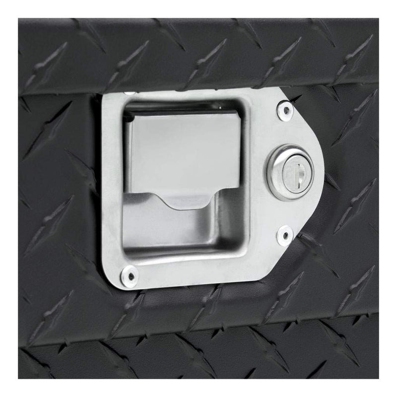 UWS 69" Crossover Truck Tool Box in Matte Black, close-up of the stainless steel lock handle