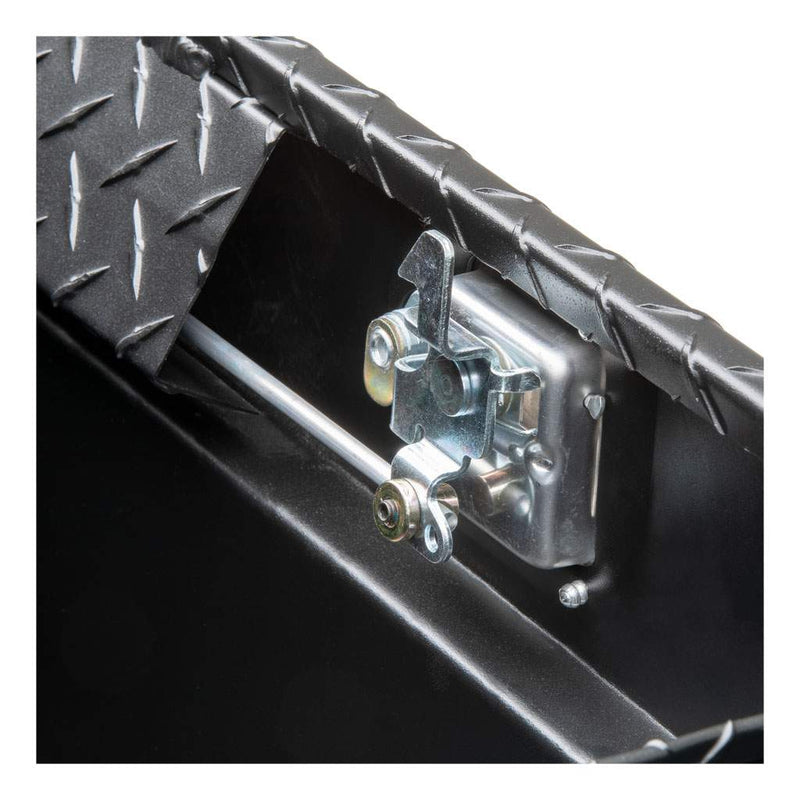 UWS 69" Crossover Truck Tool Box in Matte Black, close-up of the latch with a padlock fitted