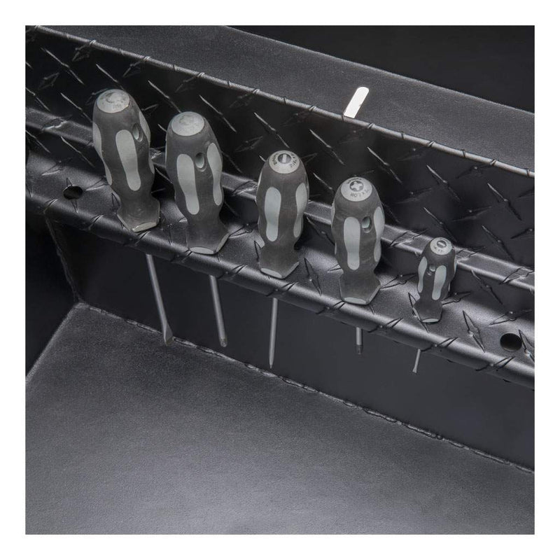 UWS 69" Crossover Truck Tool Box in Matte Black, close-up of the built-in screwdriver holders