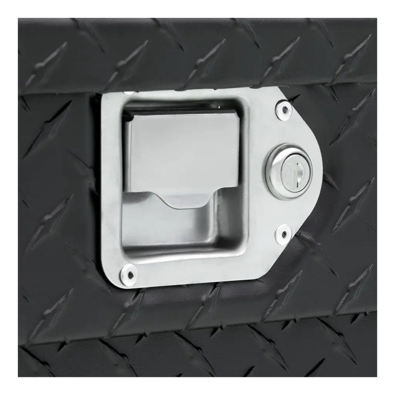 UWS 72" Crossover Truck Tool Box in Matte Black, close-up of the stainless steel lock handle