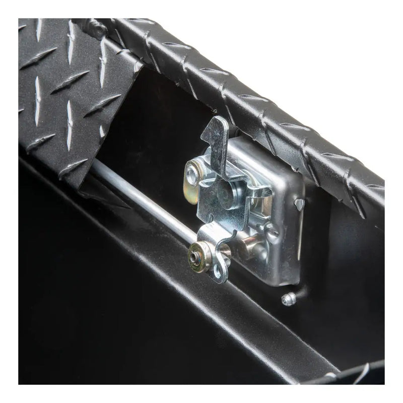 UWS 72" Crossover Truck Tool Box in Matte Black, close-up of the latch with a padlock fitted