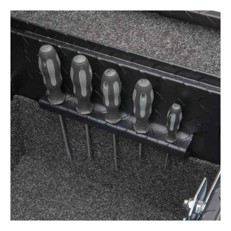 UWS 69" Crossover Truck Tool Box in Matte Black, close-up of the built-in screwdriver holders