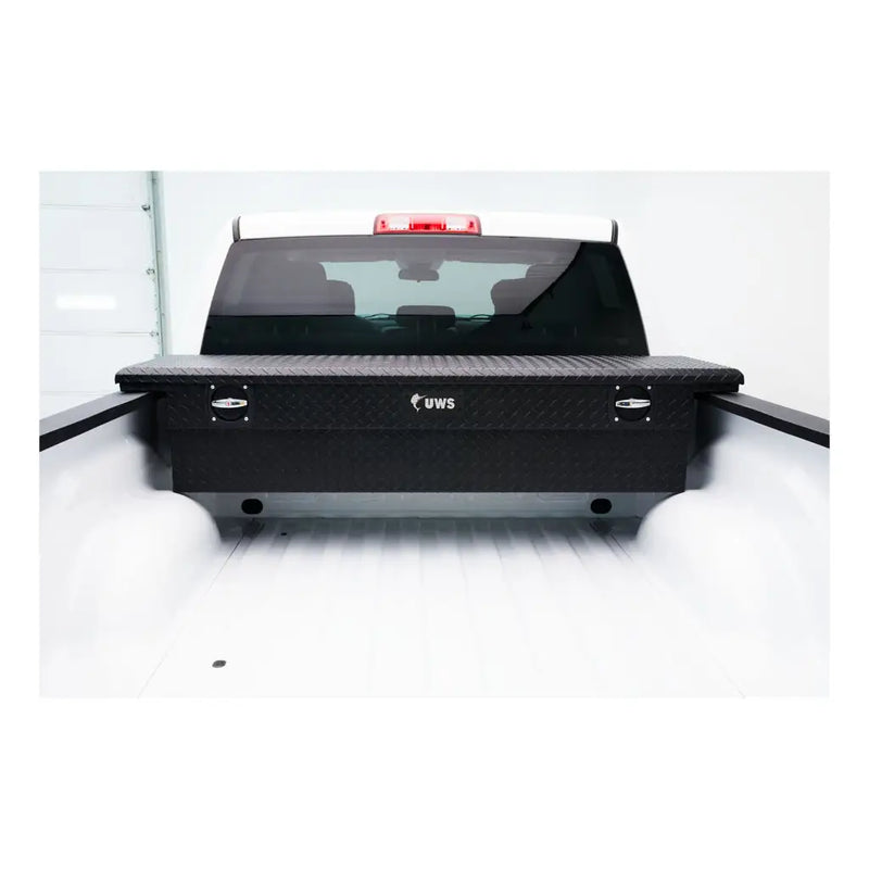 UWS 69" Crossover Truck Tool Box in Matte Black, in-use photograph, fitted in a pickup bed (view 2)