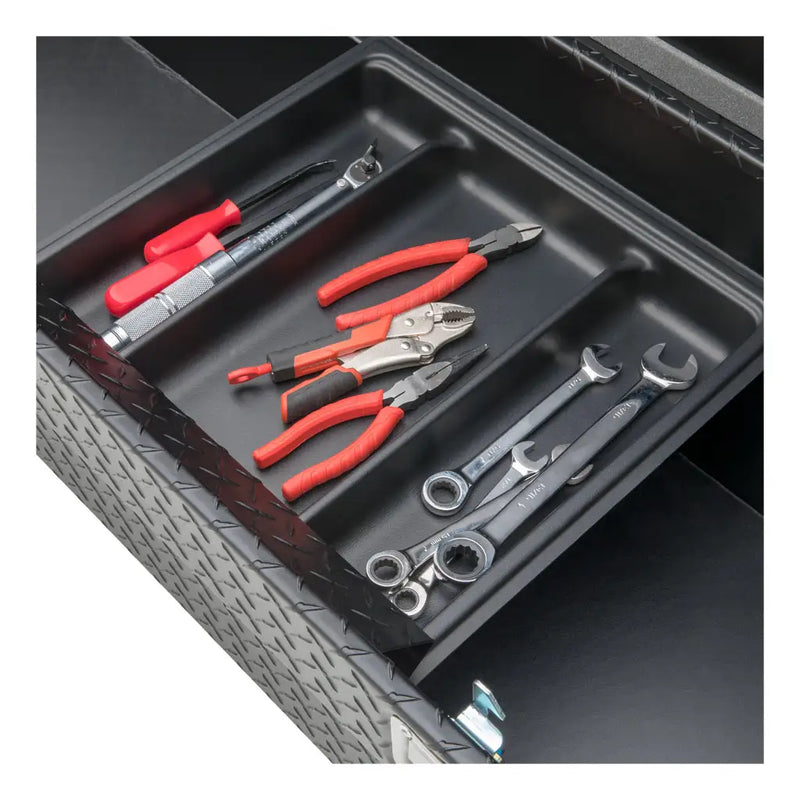 UWS 63" Crossover Truck Tool Box in Matte Black, interior view with the lid open