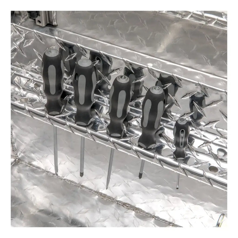 UWS 72" Crossover Truck Tool Box in Bright Aluminum, close-up of the built-in screwdriver holders