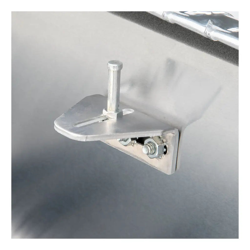 UWS 69" Crossover Truck Tool Box in Bright Aluminum, close-up of the mounting hardware