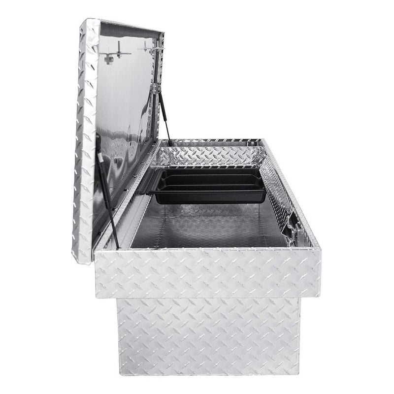 UWS 69" Crossover Truck Tool Box in Bright Aluminum, lid open showing the tub and the sliding tray