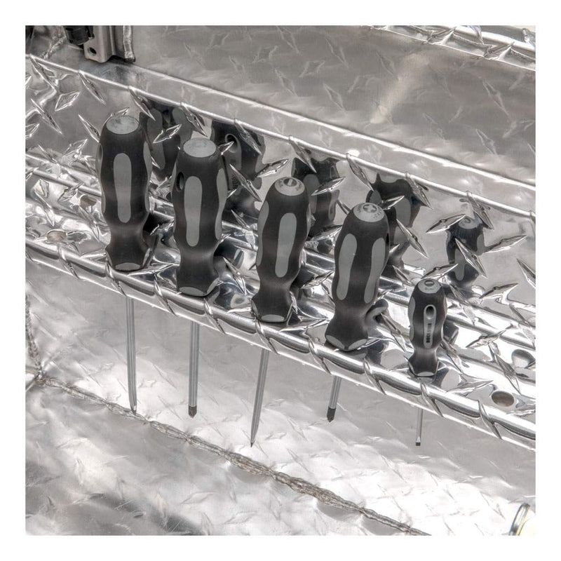 UWS 69" Crossover Truck Tool Box in Bright Aluminum, close-up of the built-in screwdriver holders