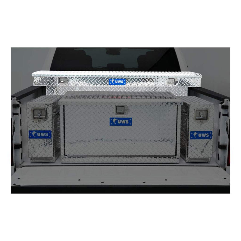 UWS 69" Crossover Truck Tool Box in Bright Aluminum, in-use photograph, lid open