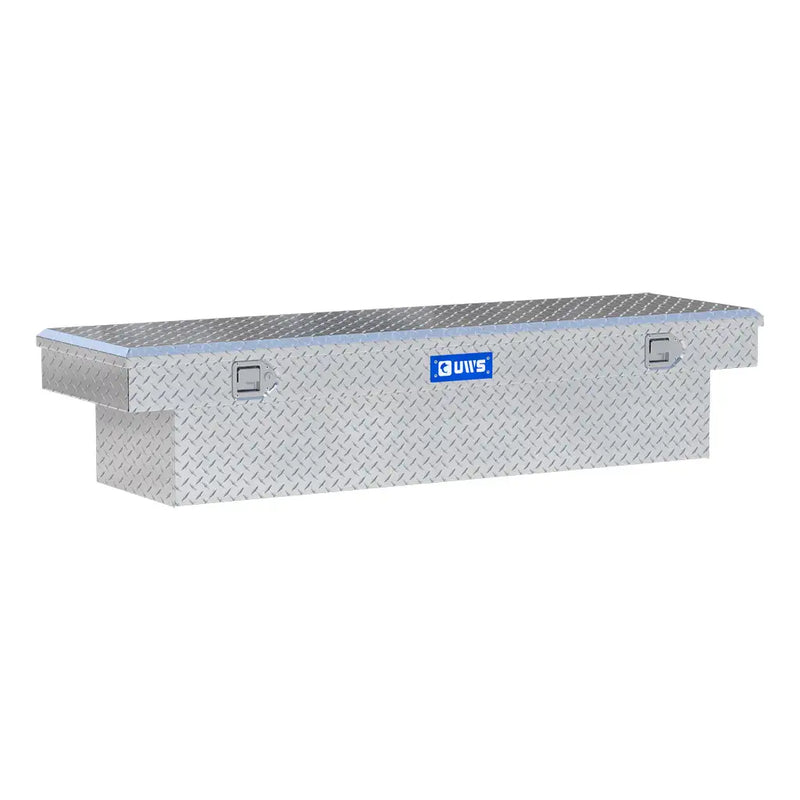 UWS 69" Crossover Truck Tool Box in Bright Aluminum, front three-quarter studio view