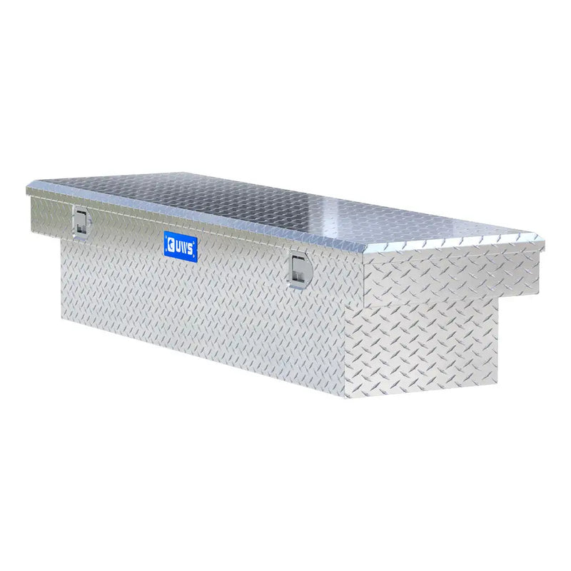 UWS 69" Crossover Truck Tool Box in Bright Aluminum, rear three-quarter view