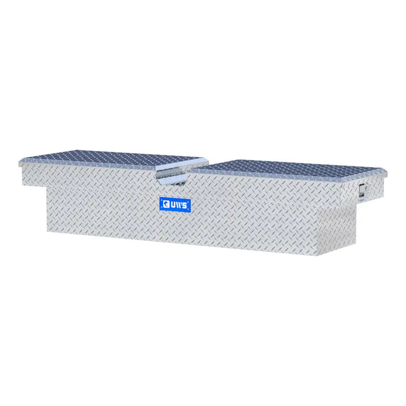 UWS 69" Crossover Truck Tool Box in Bright Aluminum, front three-quarter from the opposite side