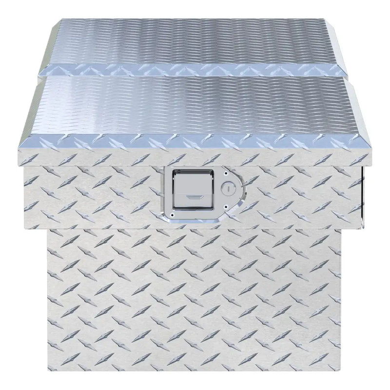 UWS 69" Crossover Truck Tool Box in Bright Aluminum, top-down three-quarter view of the closed lid