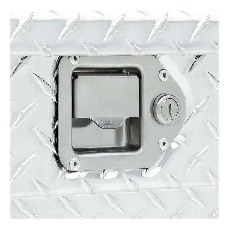 UWS 72" Crossover Truck Tool Box in Bright Aluminum, close-up of the stainless steel lock handle