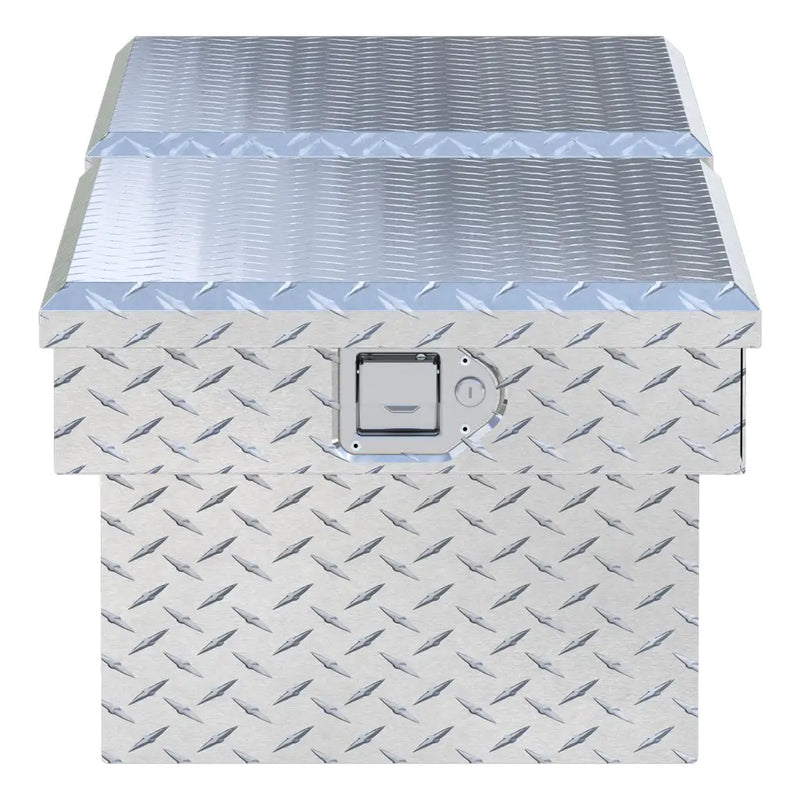 UWS 72" Crossover Truck Tool Box in Bright Aluminum, top-down three-quarter view of the closed lid