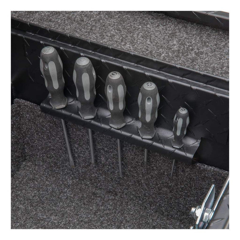 UWS 72" Crossover Truck Tool Box in Matte Black, close-up of the built-in screwdriver holders