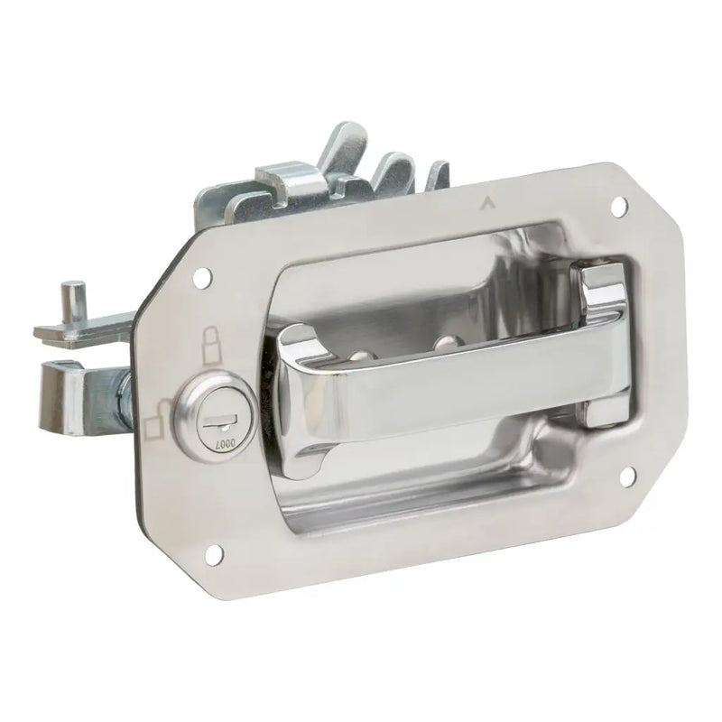 UWS 003-HDL locking pull handle in polished stainless steel, shown at an angle with the chrome lever, key lock cylinder and latch linkage arms attached