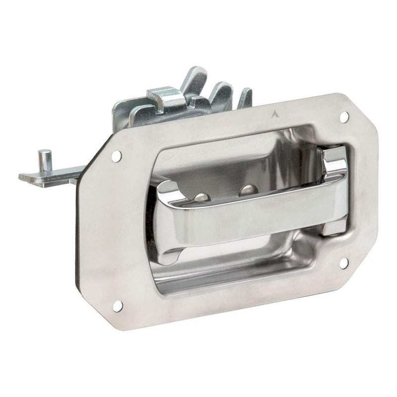 UWS 003-HDNL non-locking pull handle in polished stainless steel, shown at an angle with the chrome lever and linkage arm and no key cylinder