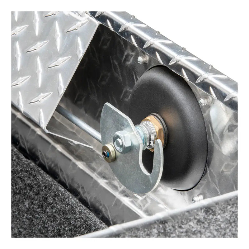 UWS SL-69-LP-R 69" bright aluminum crossover truck tool box, interior lock rod and lid stay detail