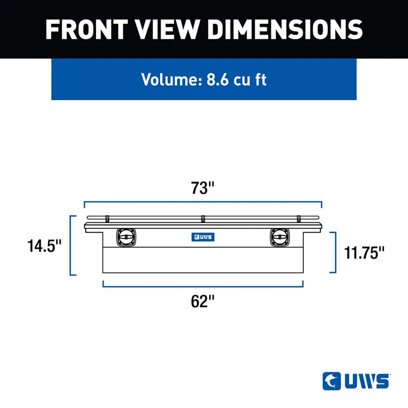 UWS SL-72-LP-BLK-R crossover truck tool box dimension drawing with overall and tub measurements